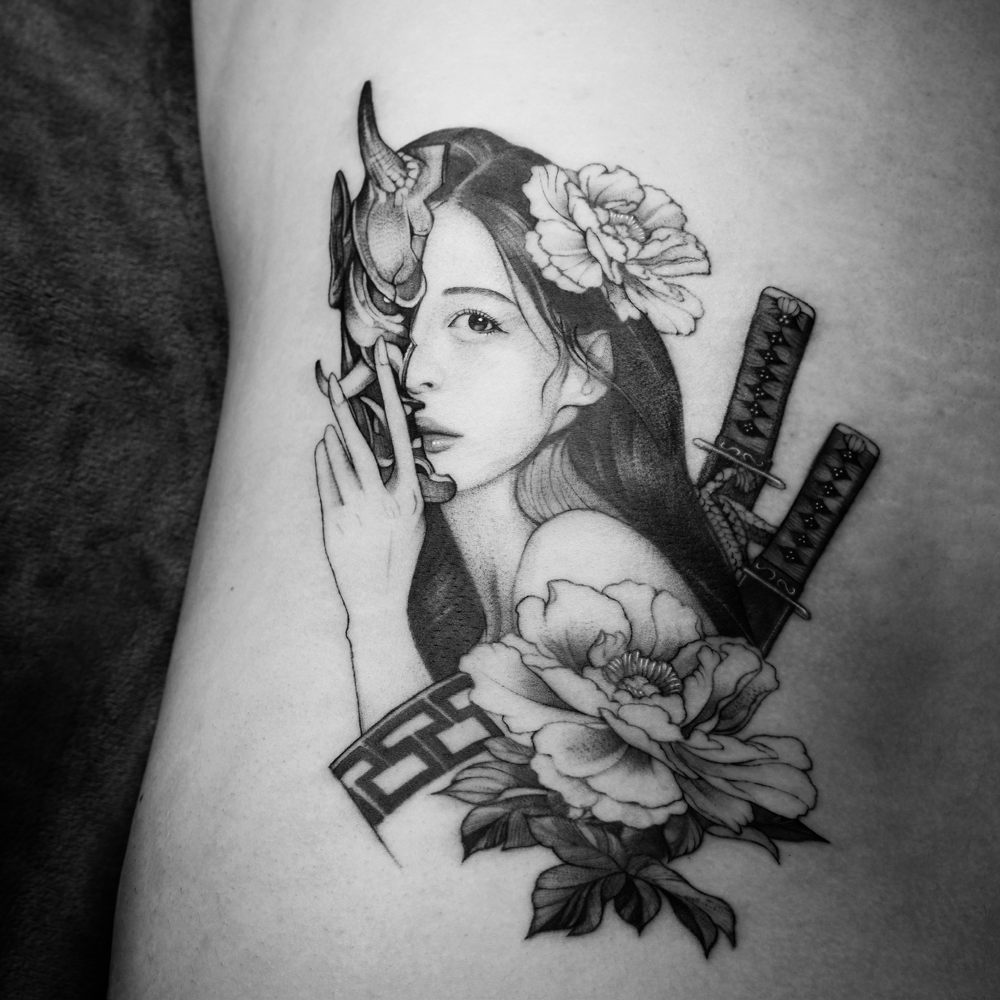 Geisha And Hannya. - Black and Grey Tattoo by San Francisco Tattoo Artist ZKINK