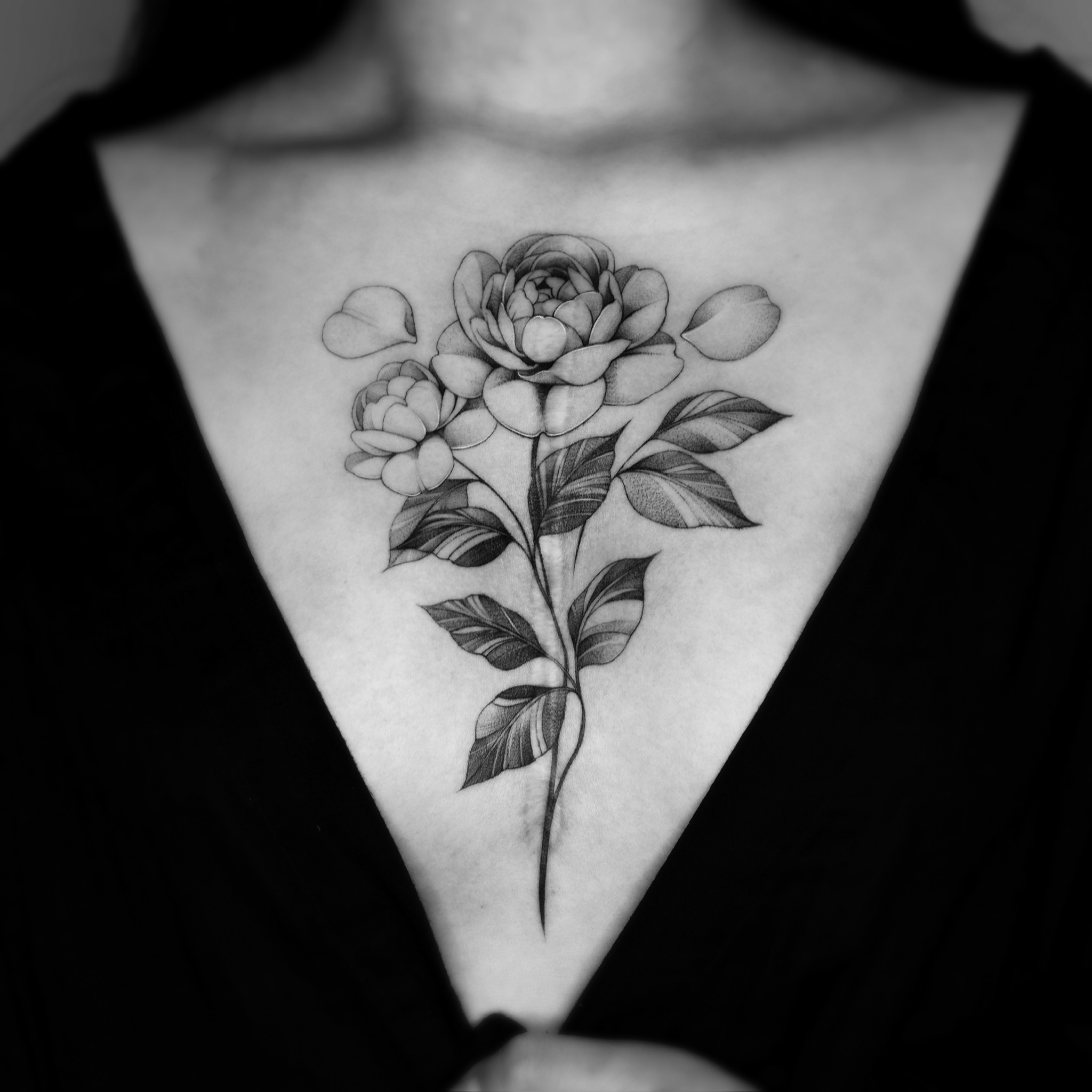Peony Flowers - Black and Grey Tattoo by San Francisco Tattoo Artist ZKINK