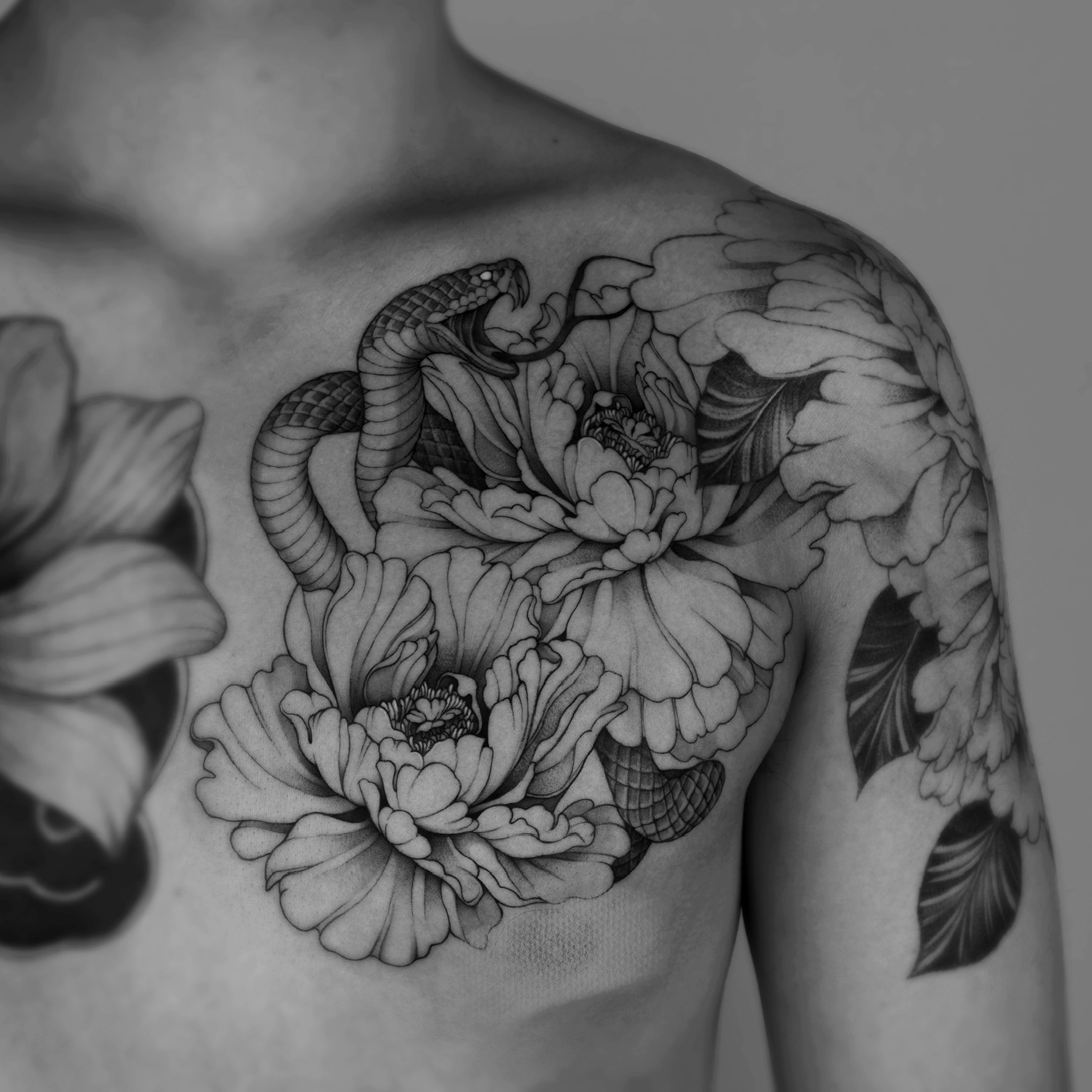 Snake And Peonies - Black and Grey Tattoo by San Francisco Tattoo Artist ZKINK