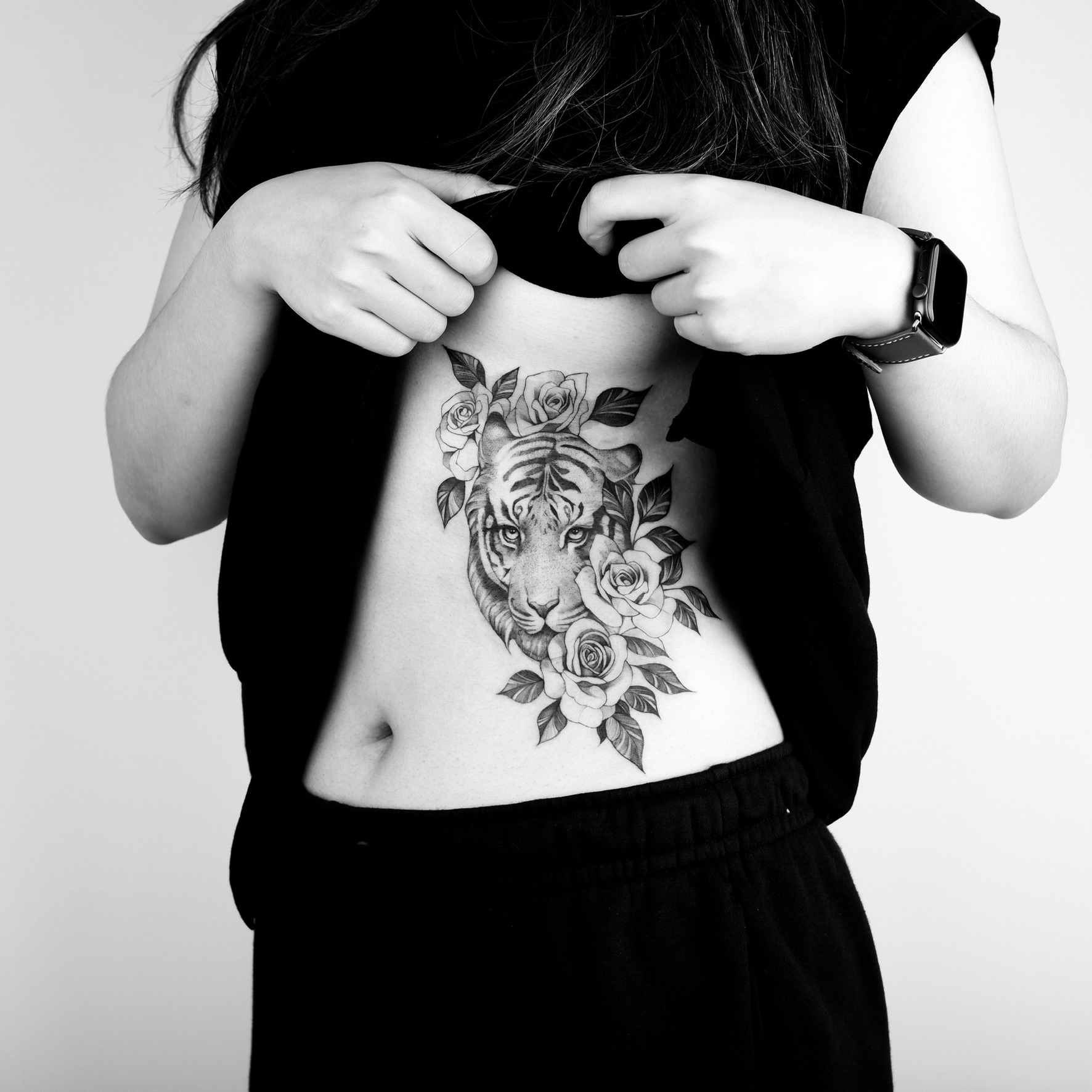 Tiger And Roses - Black and Grey Tattoo by San Francisco Tattoo Artist ZKINK