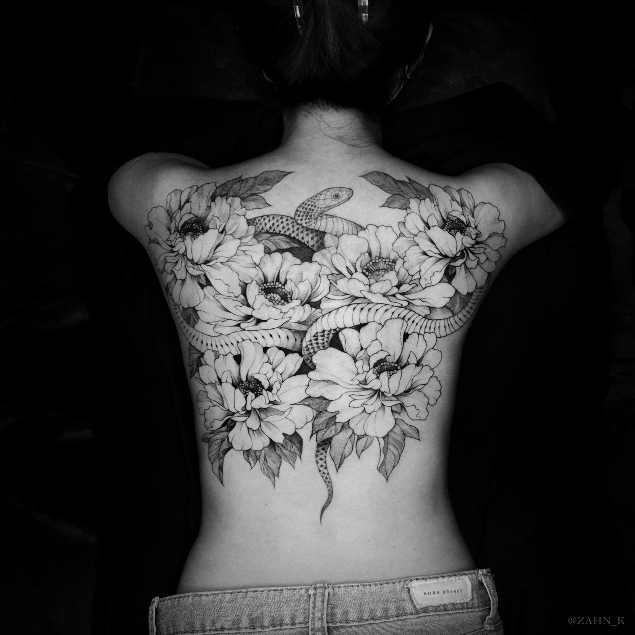 Snake And Peony Backpiece. - Black and Grey Tattoo by San Francisco Tattoo Artist ZKINK