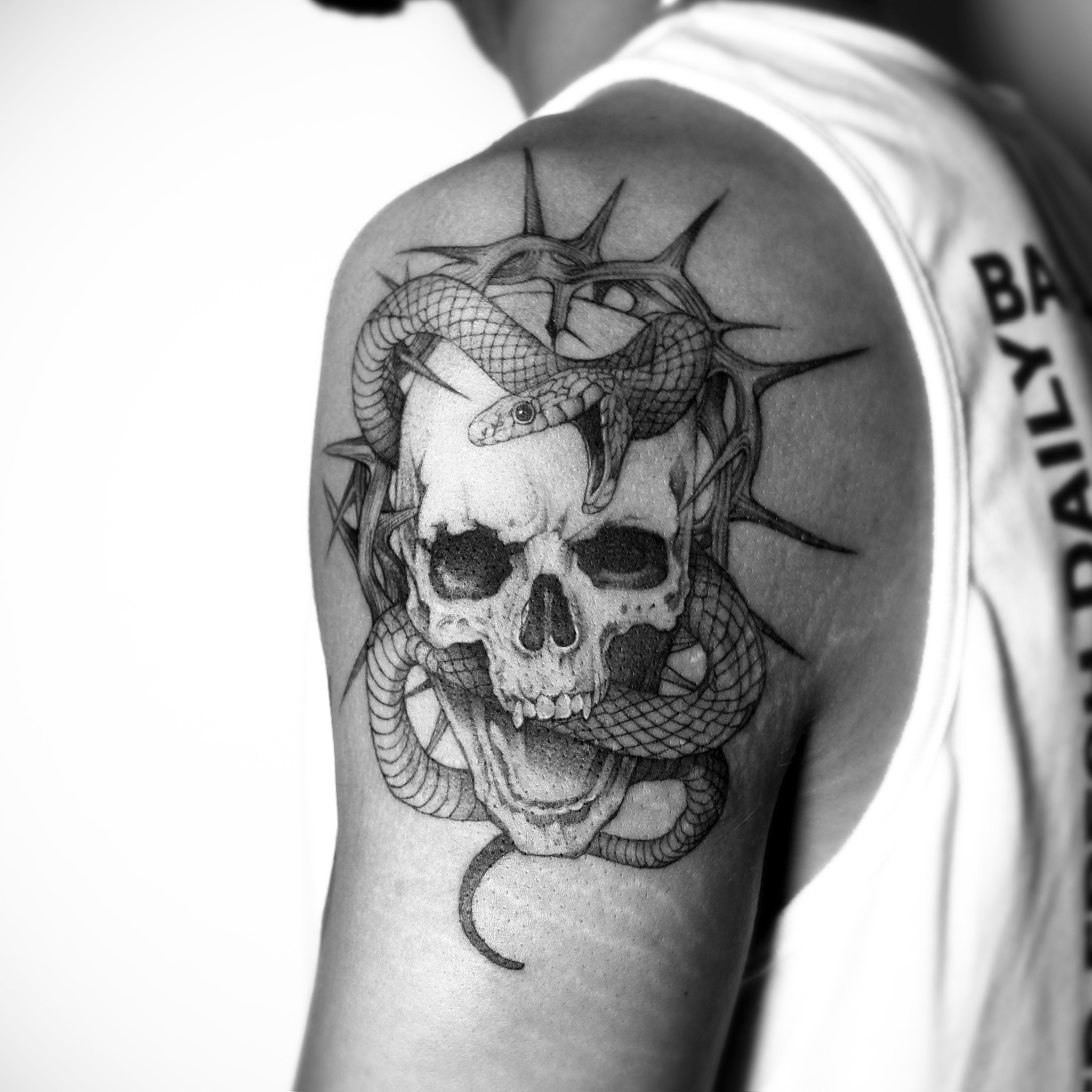 Snake And Skull - Black and Grey Tattoo by San Francisco Tattoo Artist ZKINK