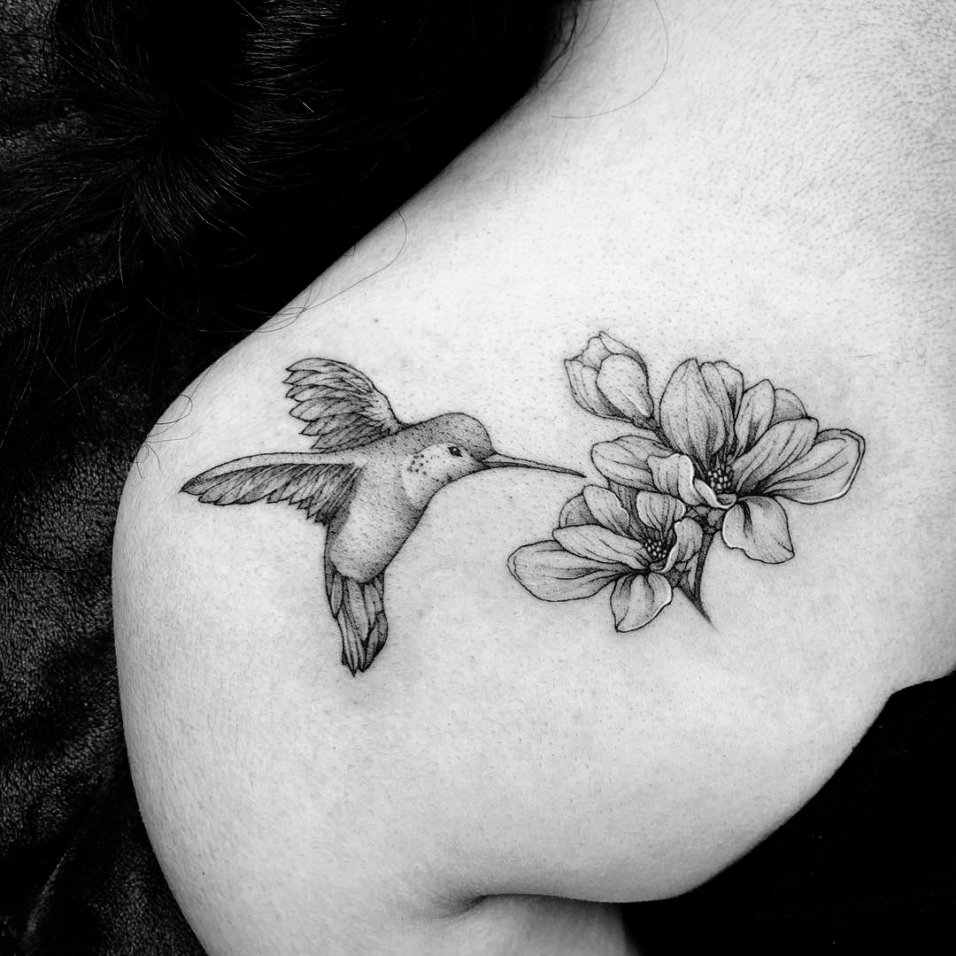 Hummingbird And Flowers - Black and Grey Tattoo by San Francisco Tattoo Artist ZKINK