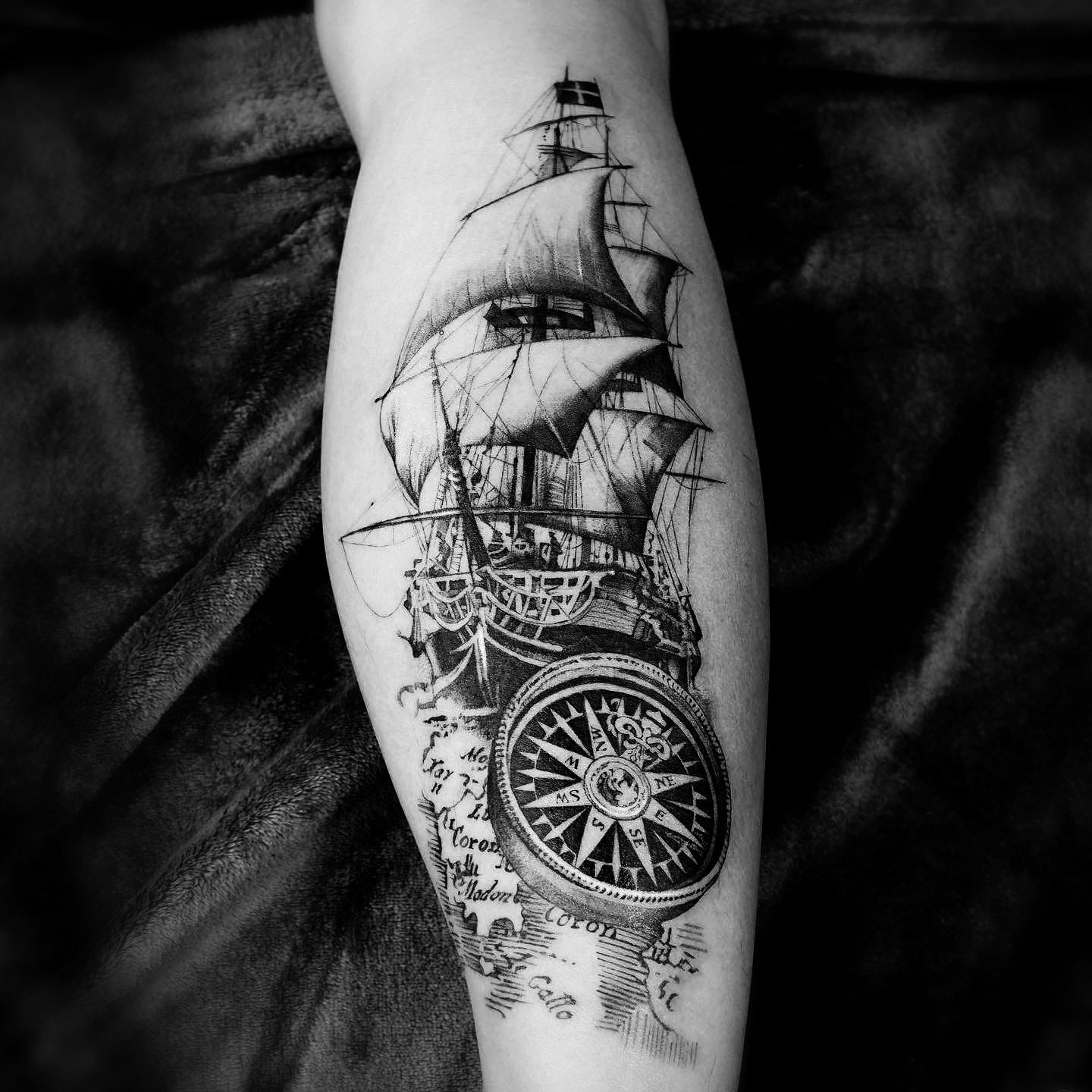 Sailing Ship And Compass - Black and Grey Tattoo by San Francisco Tattoo Artist ZKINK