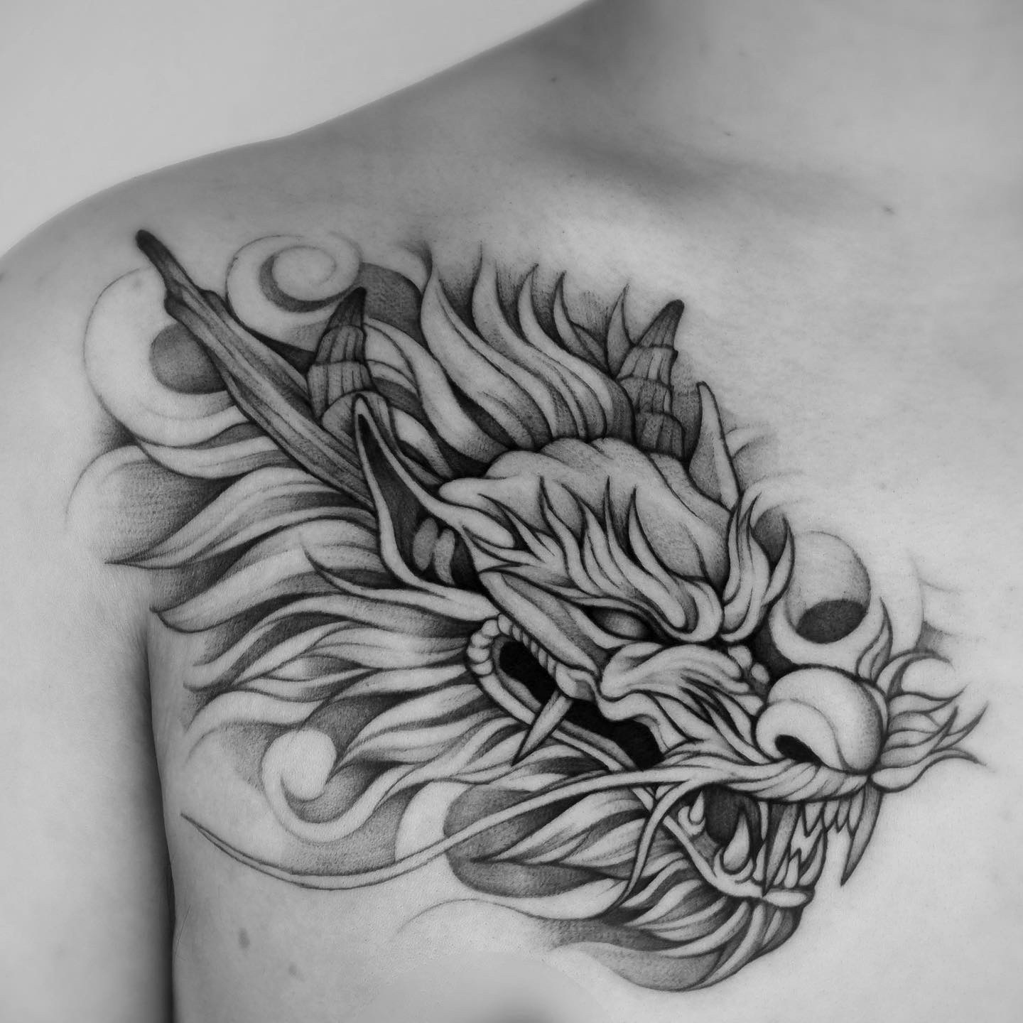 Dragon Head - Black and Grey Tattoo by San Francisco Tattoo Artist ZKINK