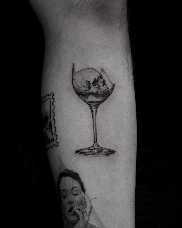 Skull Broken Wineglass - Black and Grey Tattoo by San Francisco Tattoo Artist ZKINK
