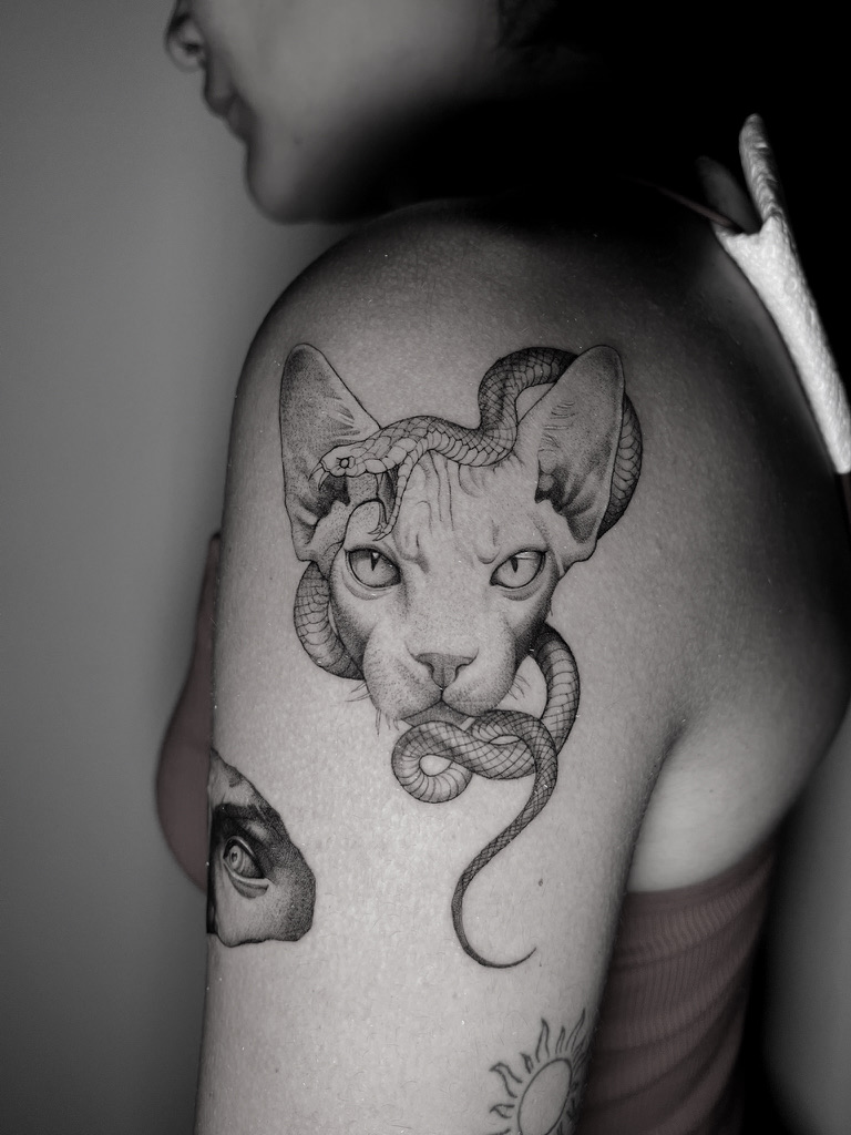 Cat Snake - Black and Grey Tattoo by San Francisco Tattoo Artist ZKINK