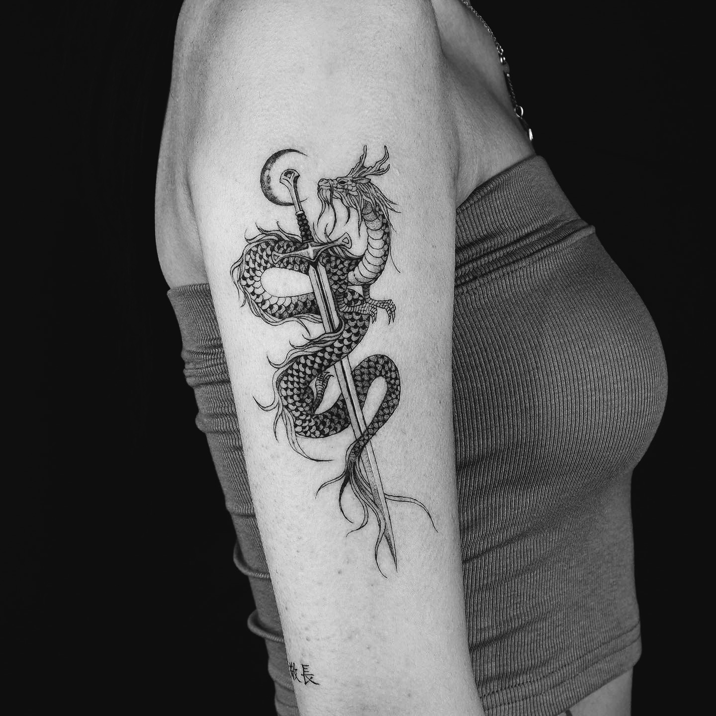 Dragon And Sword - Black and Grey Tattoo by San Francisco Tattoo Artist ZKINK