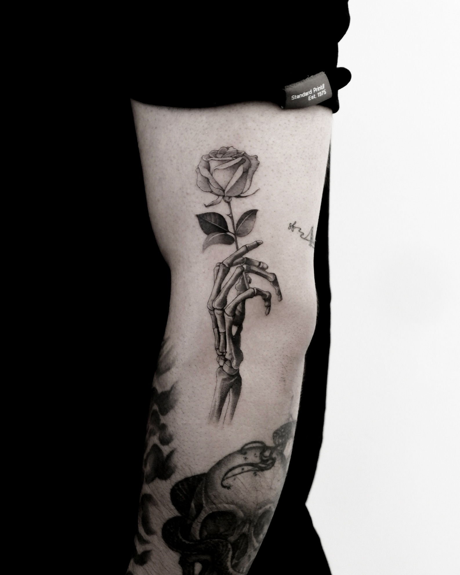 Hand Skeleton Rose - Black and Grey Tattoo by San Francisco Tattoo Artist ZKINK