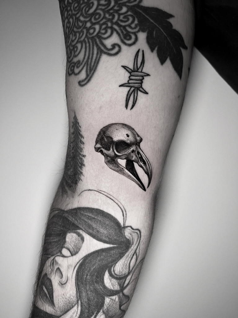 Skull Bird - Black and Grey Tattoo by San Francisco Tattoo Artist ZKINK