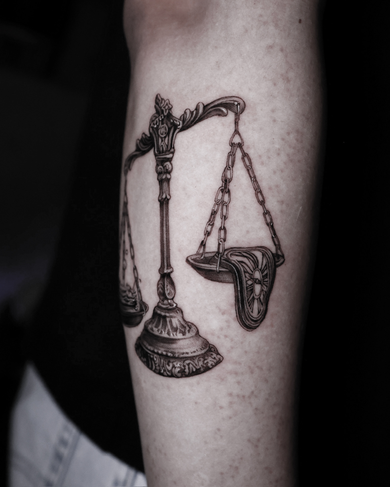 Scales And Melting Clock - Black and Grey Tattoo by San Francisco Tattoo Artist ZKINK