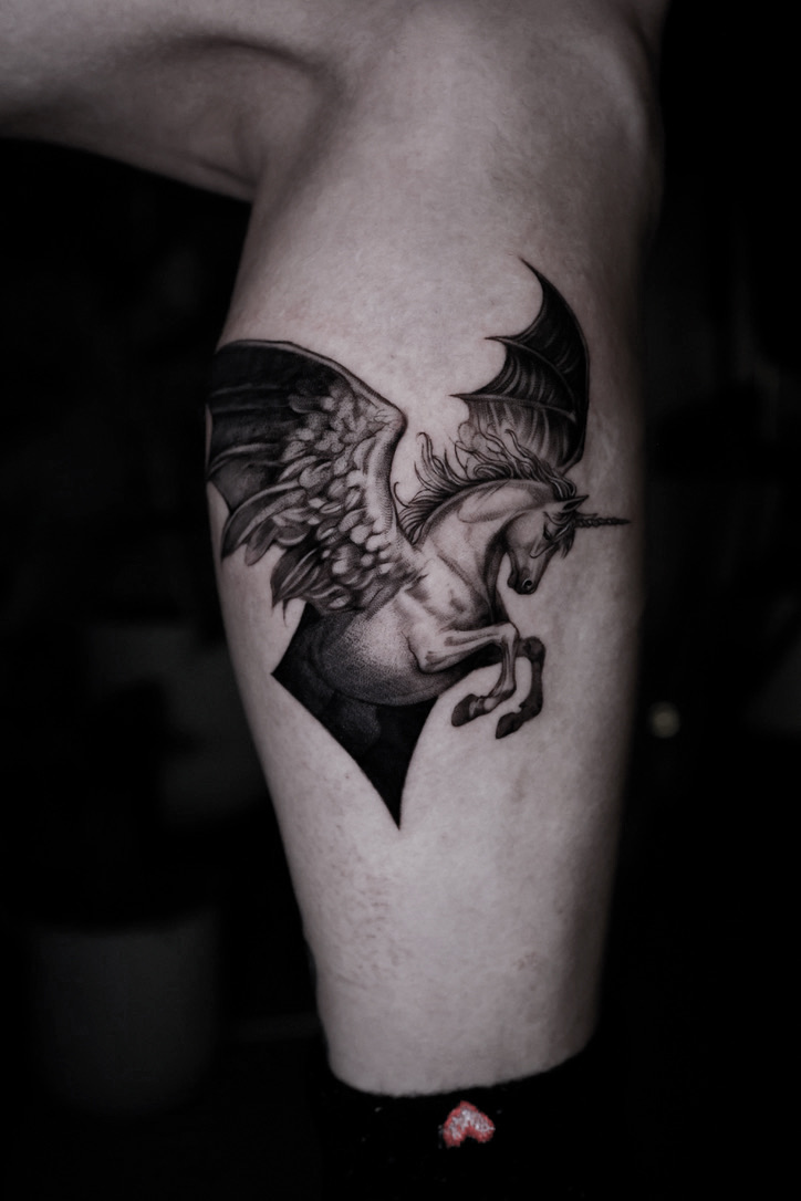 Unicorn Jehan - Black and Grey Tattoo by San Francisco Tattoo Artist ZKINK