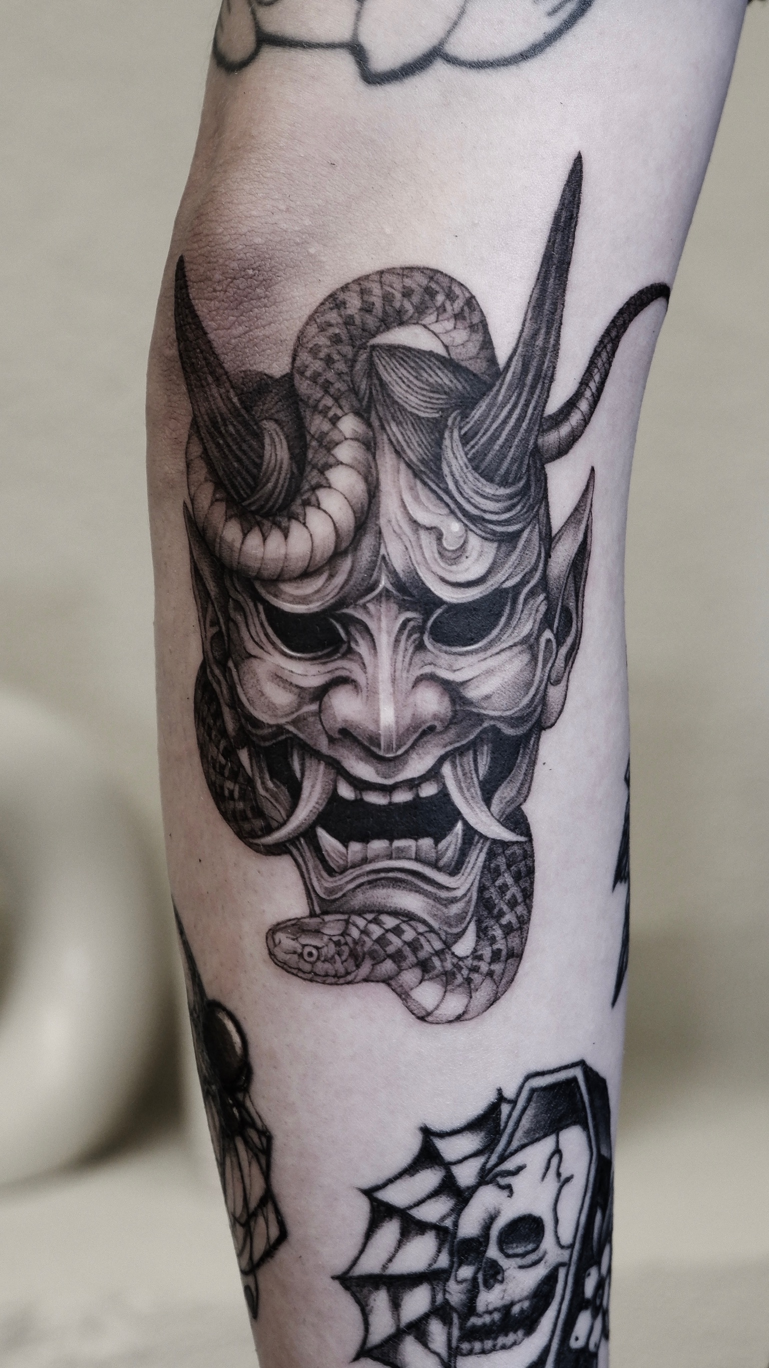 Hannya Mask And Snake - Black and Grey Tattoo by San Francisco Tattoo Artist ZKINK