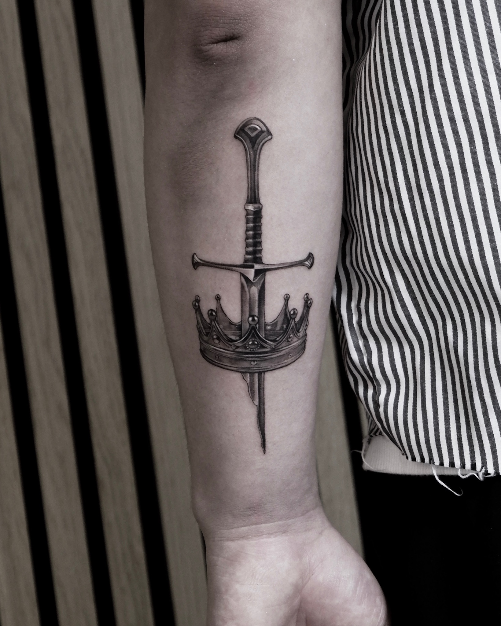 Sword And Crown - Black and Grey Tattoo by San Francisco Tattoo Artist ZKINK