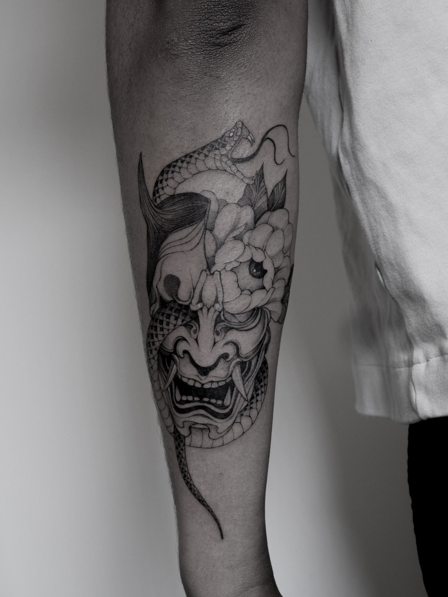 Hannya Mask And Snake Eyeball - Black and Grey Tattoo by San Francisco Tattoo Artist ZKINK