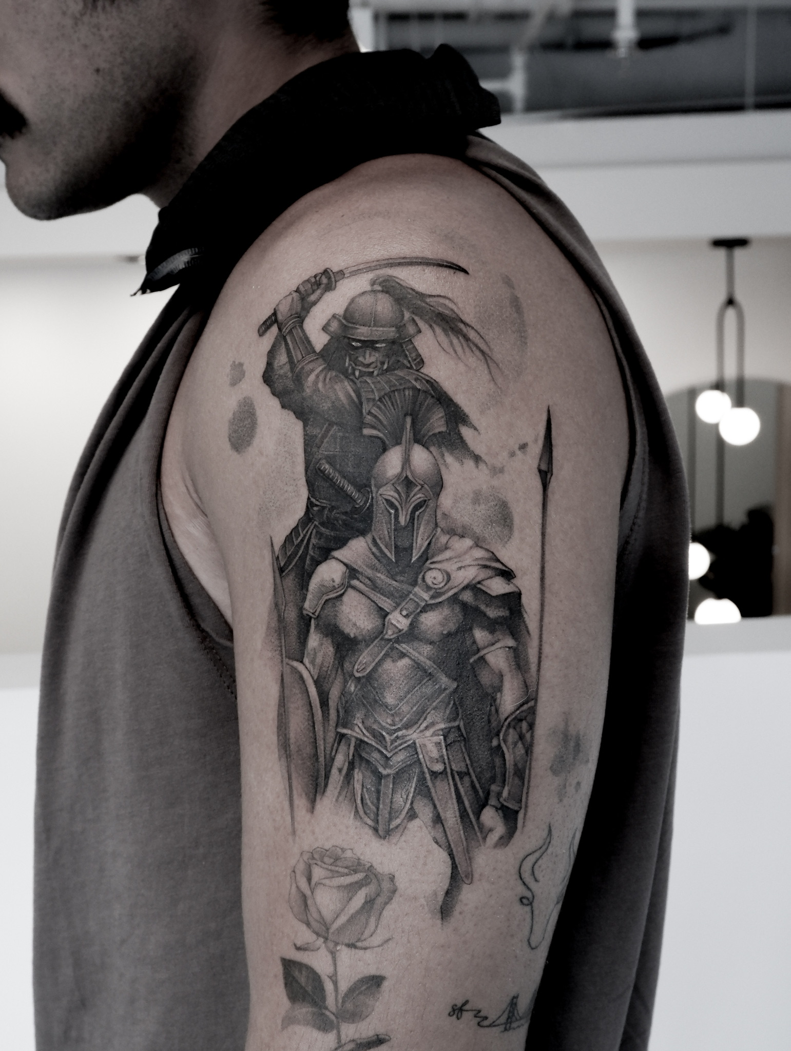 Spartan And Samurai - Black and Grey Tattoo by San Francisco Tattoo Artist ZKINK