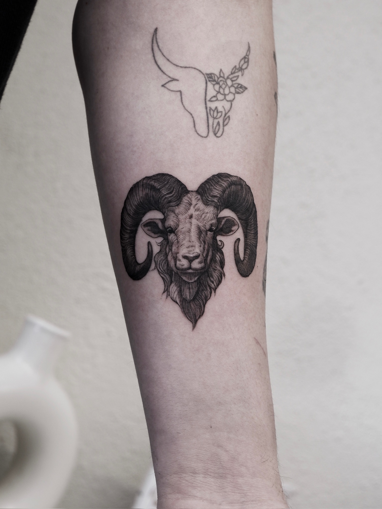 Ram Head - Black and Grey Tattoo by San Francisco Tattoo Artist ZKINK
